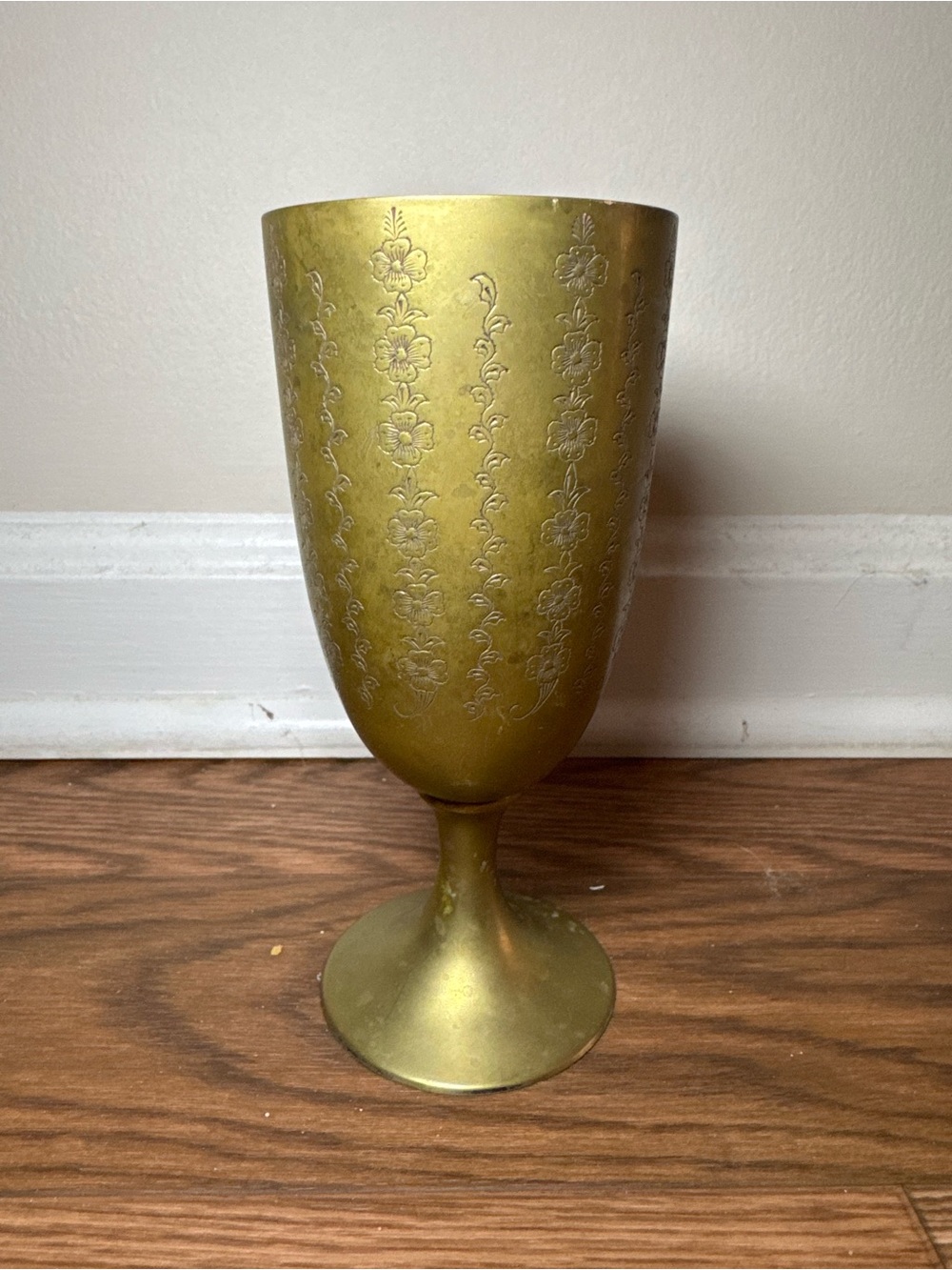Brass-Tone Floral Etched Pedestal Vase - Gold